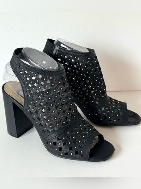 G by Guess Black Studded Cutout Heeled Sandals / Peep Toe Slingback Block Heels